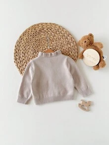 SHEIN 新生女嬰秋冬休閒兔與花朵刺繡開襟衫 - 卡其色 - 查看 2