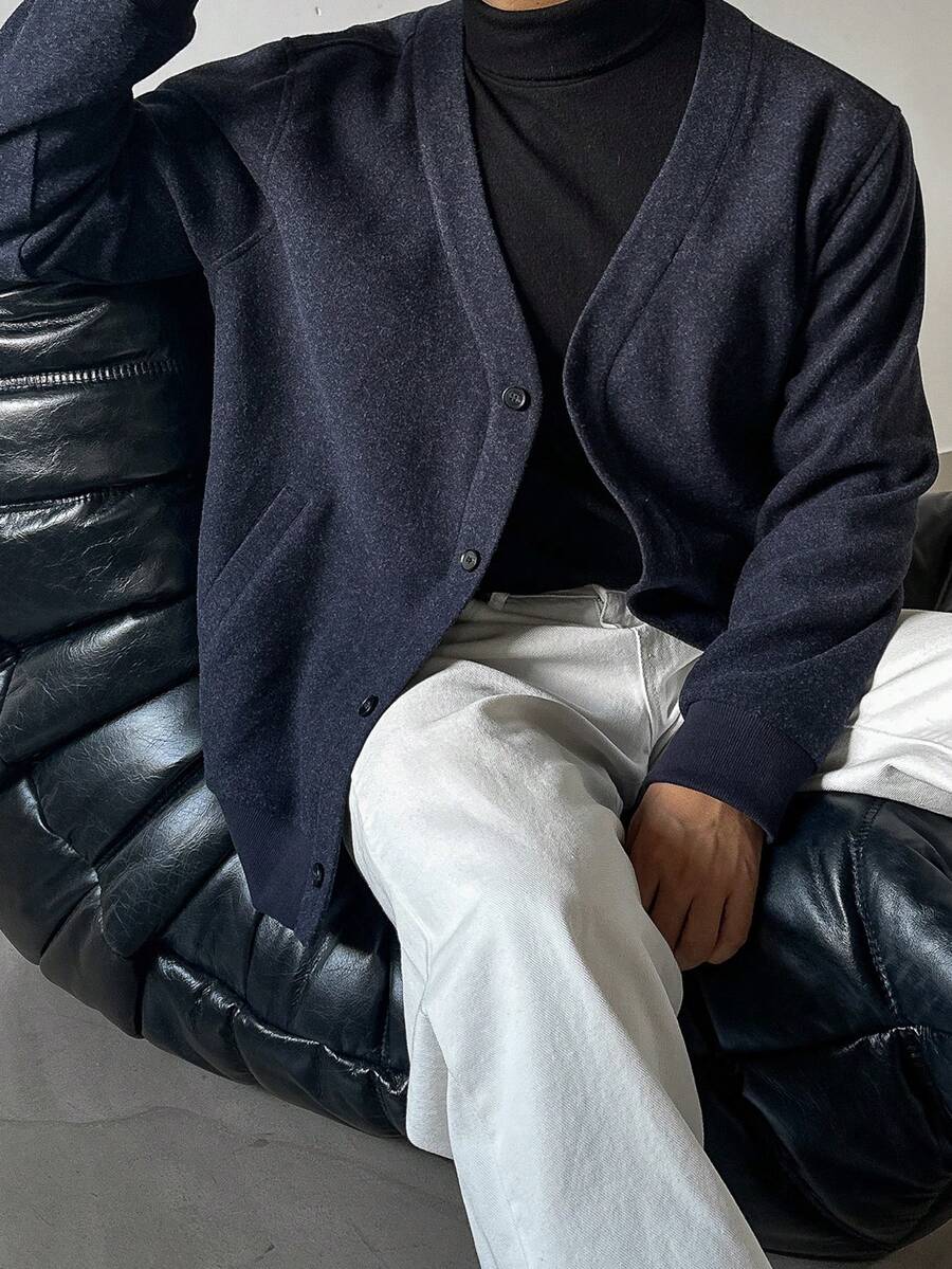 DAZY Spring/Autumn Navy Blue Tweed Fabric V-Neck Open Front Long Sleeve Commuter Men's Jacket And Coat - Navy Blue - View 1