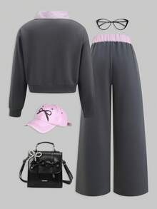SHEIN ChillGRL 2件組 秋冬青少年女孩寬鬆休閒設計拼色 2合1 領口襯衫風V領短版衛衣搭配寬鬆休閒寬腿褲 - 深灰色 - 查看 2