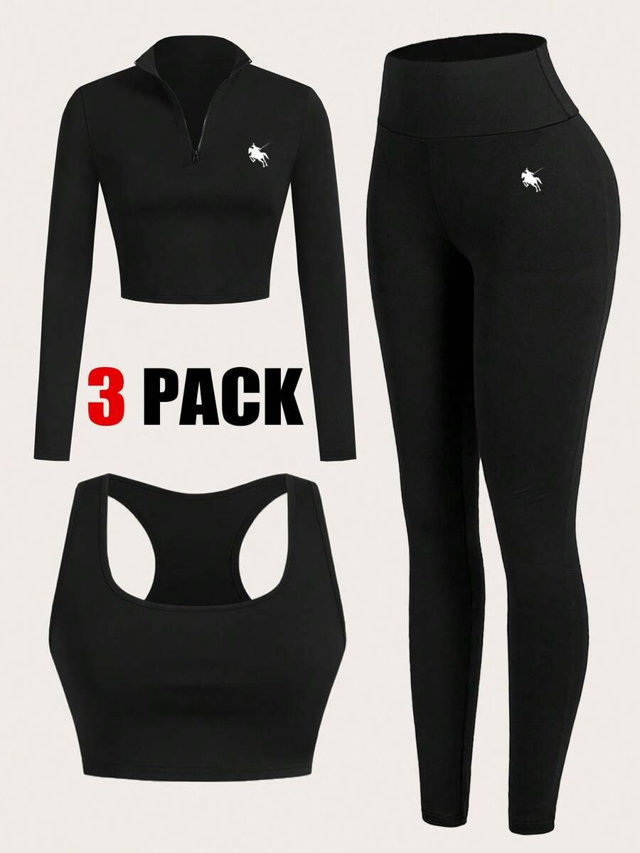 SHEIN EZwear Black Knit Women's Equestrian Print Long Sleeve Top, Tank Top And Leggings Sports Set - Black - View 1