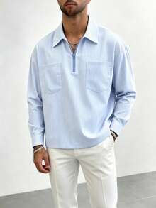 Resyla Men Men's Casual Striped Shirt With Half-Zip Front And Dual Pockets - Baby Blue - View 3