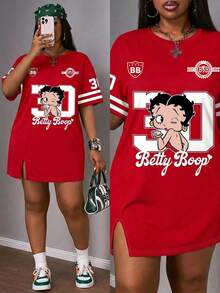 Slaydiva Betty Boop x SHEIN 大尺碼夏季休閒簡約卡通數字印花洋裝，適合騎行、半正式場合、辦公室、早午餐、居家與度假，紅白配色 - 彩色 - 查看 7
