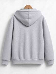 SHEIN Vacaura 大童男孩灰色星星圖案保暖內裡連帽拉鍊運動衫 美式字母印花休閒夾克 寬鬆復古連帽上衣 童裝 - 灰色 - 查看 3