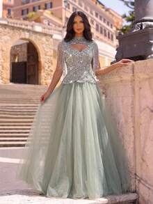 Glamrae Elegant Luxurious Beaded Bubble Diamond Embroidery Sequin Lace Patchwork Sleeve Tassel Mesh Puff Dress Suitable For Wedding Events, Bachelorette Party, Vacation, Holiday Party, Music Festival, Graduation Season, Evening Gown (Heavy Workmanship) - Blue - View 3