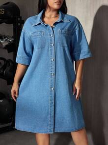 SHEIN Essnce Gaun Denim Kasual Harian Wanita Ukuran Plus dengan Kancing Tunggal - Medium Wash - View 7