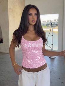 Aloruh Fresh Lake Blue Sequin Tank Top, Versatile For Vacation - Pink - View 3