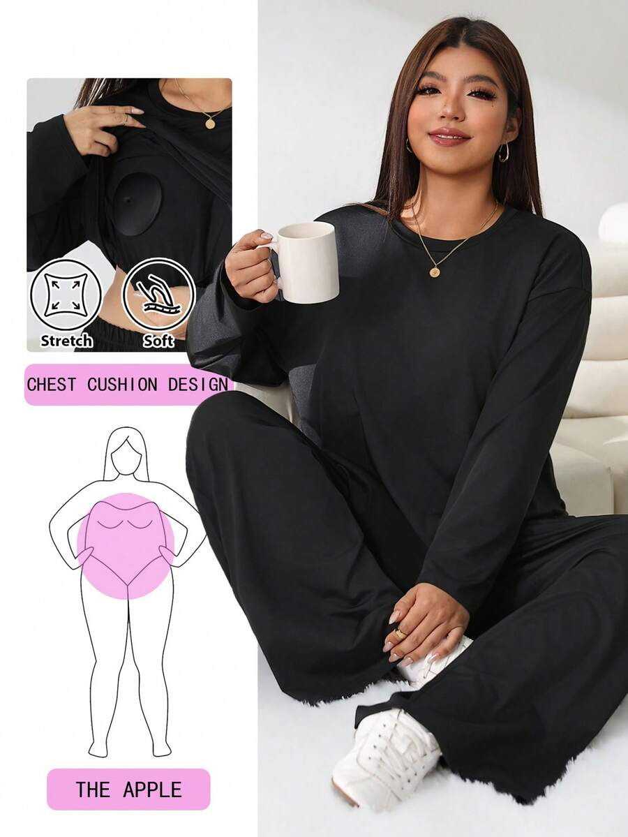 Solflare Women's Solid Color Long Sleeve Top And Pants Casual Daily Set Fall - Black - View 1