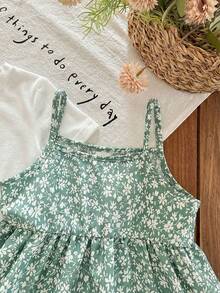 SHEIN Young Girl Vacation Casual Ditsy Floral Camisole Dress + Solid Color T-Shirt - Multicolor - View 7