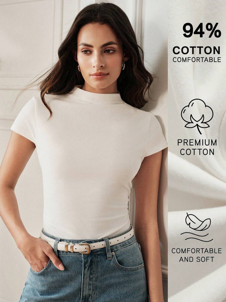 Anewsta Essential Women's Summer New Small Stand Collar Slim Fit Cotton White Short Sleeve T-Shirt, White Top, Workout, Summer Tops Fits For Women, Going Out Tops For Women - White - View 1