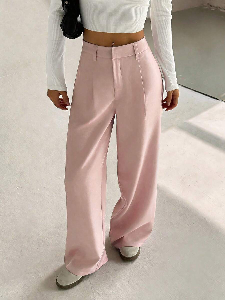 Flirla 女款高端優雅修身休閒寬腿長褲 秋季布料 女士辦公穿搭 嬰兒粉 - 粉色 - 查看 1