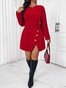 SHEIN Frenchy Elegant Minimalist Red Metal Buckle Waist A-Line Plus Size Dress, Suitable For Office, Commute, Party, Gathering, New Year, Christmas Fall - Red - View 6