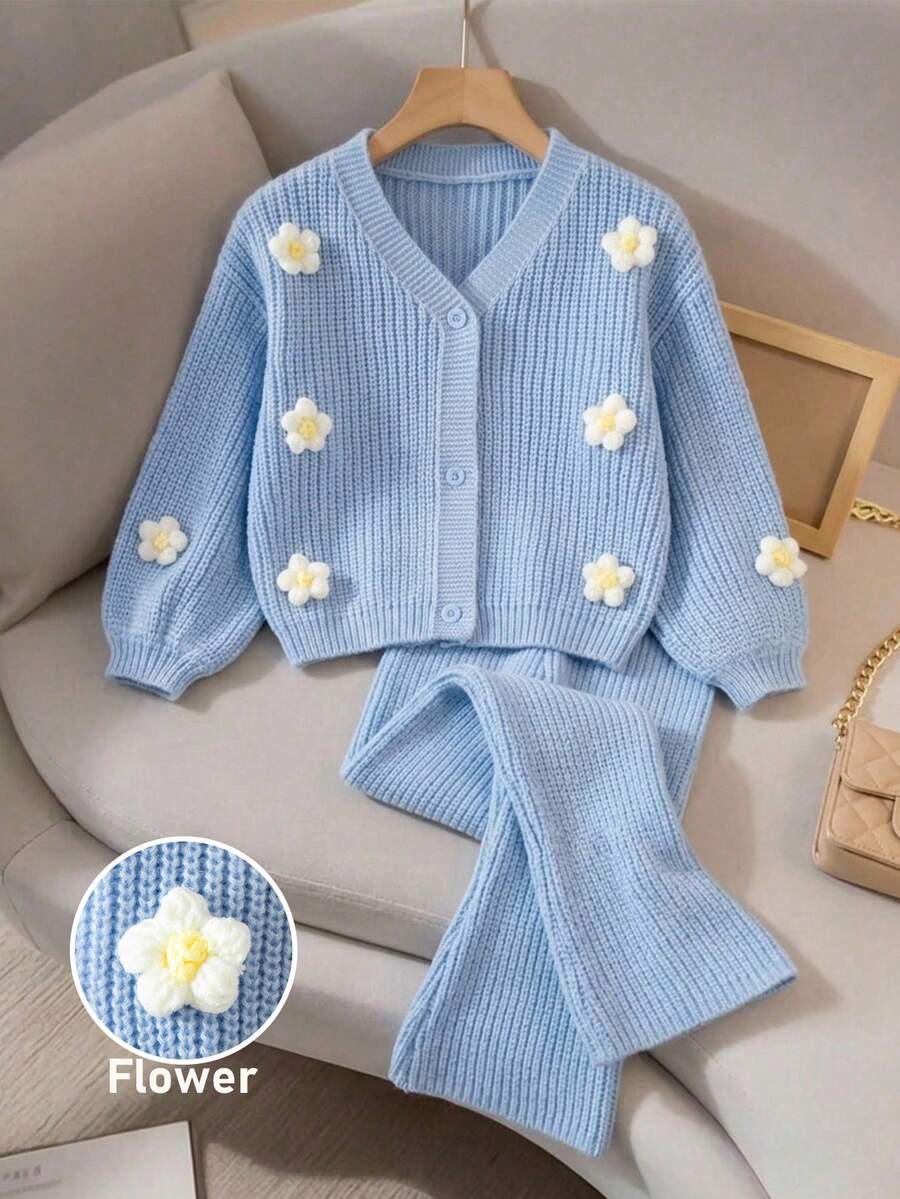 SHEIN 女童純色針織泡泡袖V領休閒開襟衫 - 藍色 - 查看 1