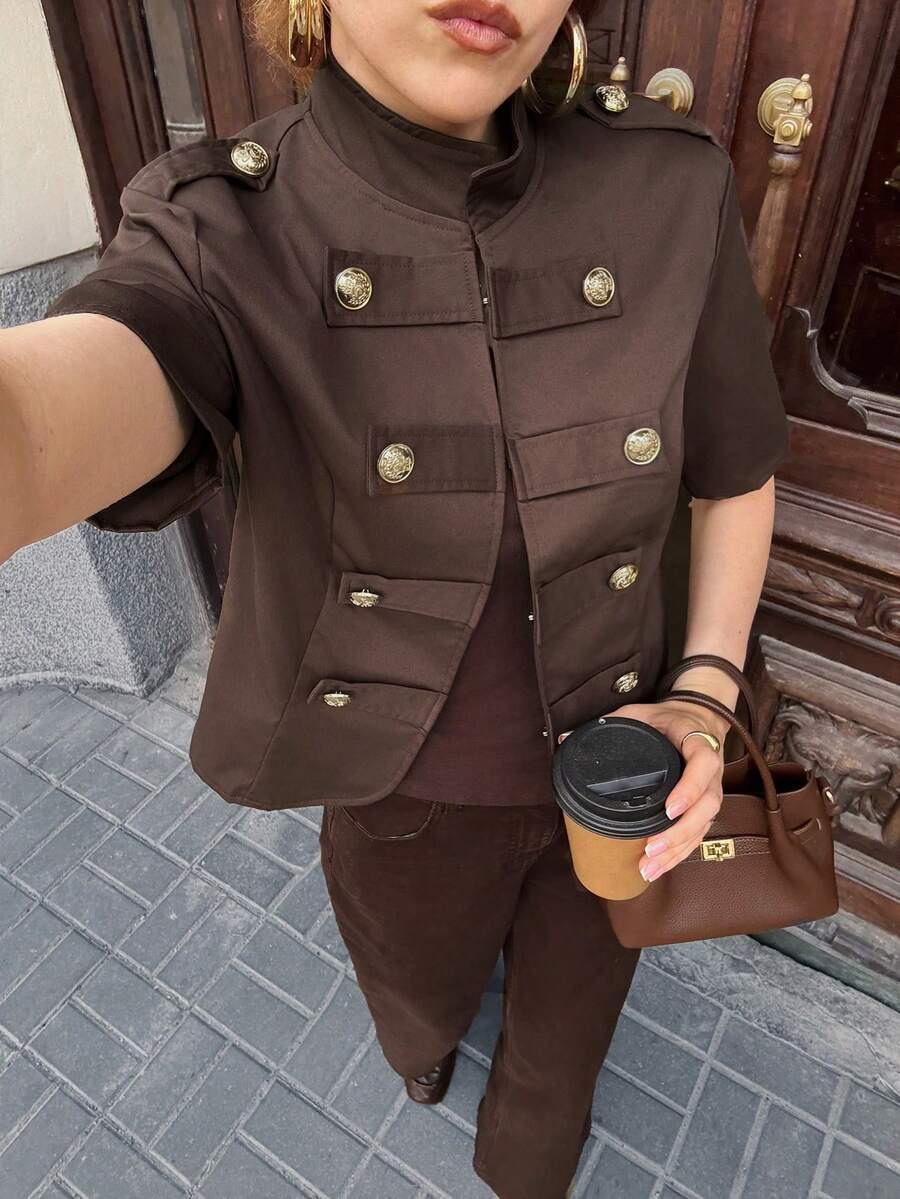 SHEIN Frenchy Women's Solid Color Short Sleeve Button Design Casual Lightweight Jacket - Brown - View 1