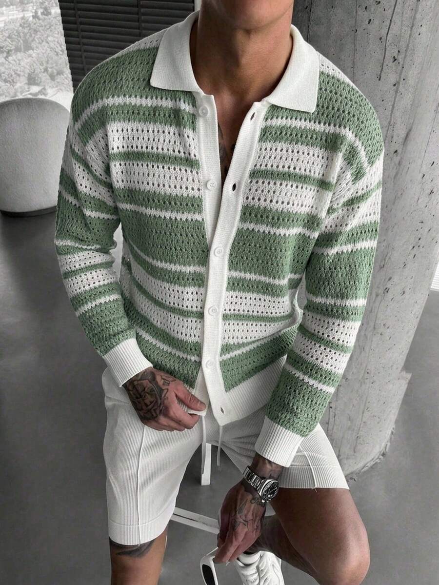 Manfinity LEGND Men's Colorblock Casual Versatile Daily Wear Cardigan Holiday Festival Autumn Streetwear Winter - Green - View 1