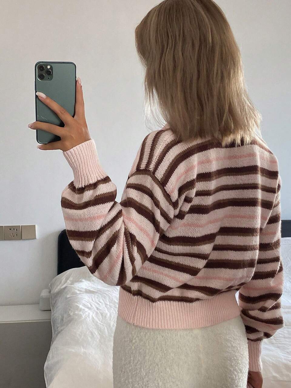 Women's Loose Casual Knit Polo Sweater With Turn-Down Collar, Long Sleeves, Pink And Brown Stripes Fall