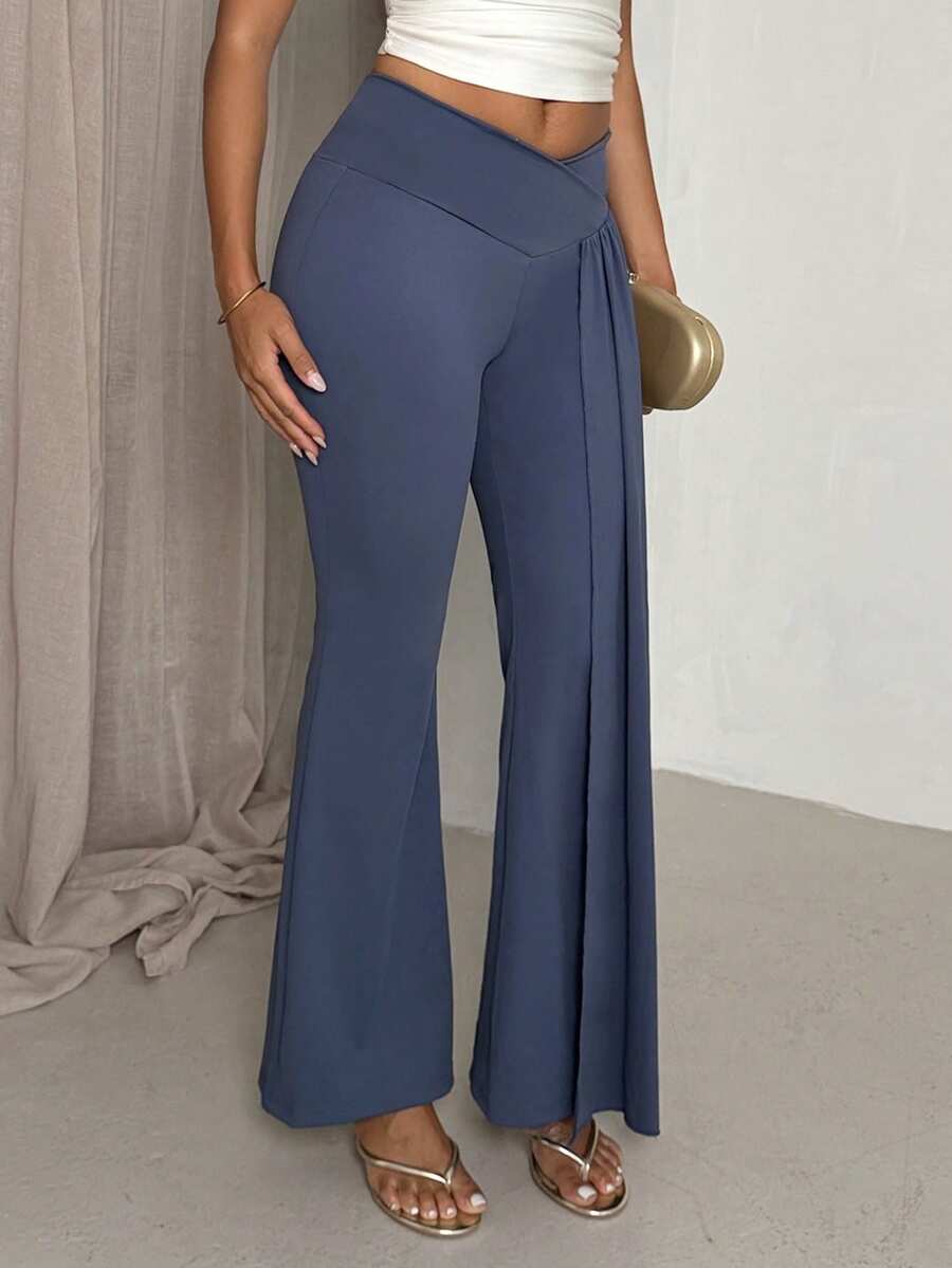 Glamine Haze Blue Asymmetrical Ribbon Detail High Waist Drape Wide Leg Slimming Versatile Casual Pants Hot Girl Style Floor Length Sweatpants - Dusty Blue - View 1