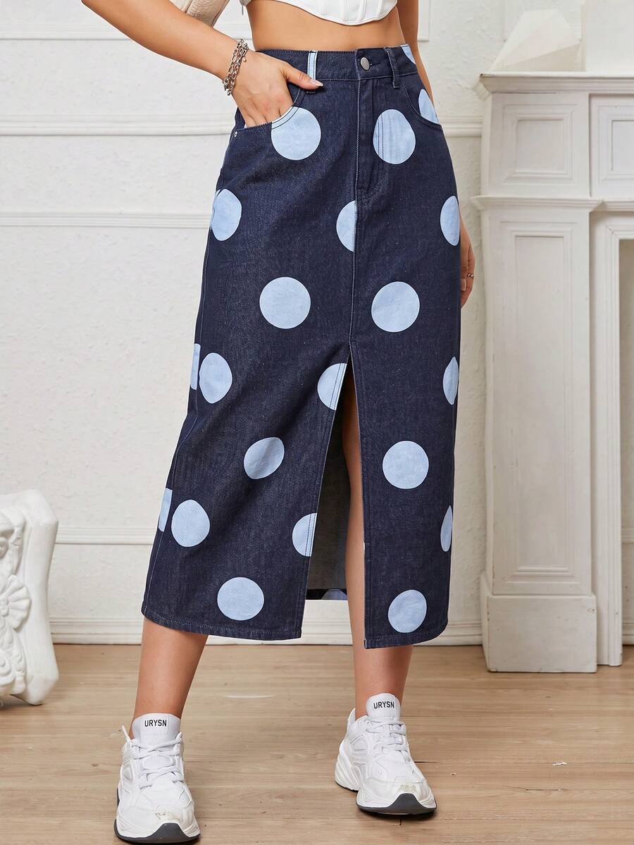 SHEIN EZwear 女款波點圖案口袋開衩下擺休閒牛仔裙 - 藍色 - 查看 1