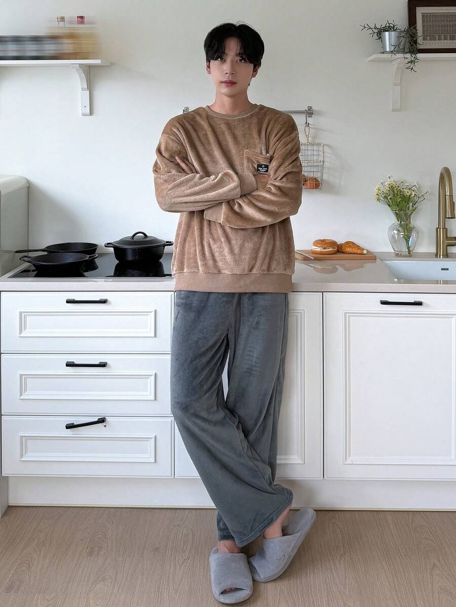 DAZY Autumn/Winter Flannel Brown Long Sleeve Top With Grey Elastic Waist Long Pants, Patch Pocket And Label Design Men's Loungewear Set - Multicolor - View 1