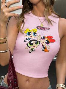 THE POWERPUFF GIRLS X SHEIN 女款卡通印花短版背心上衣 - 粉色 - 查看 6