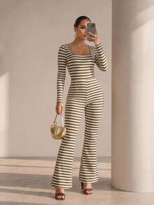 Xyvia Women's Square Neck Long Sleeve Jumpsuit, Slim Fit Design, Spring/Autumn - Multicolor - View 1