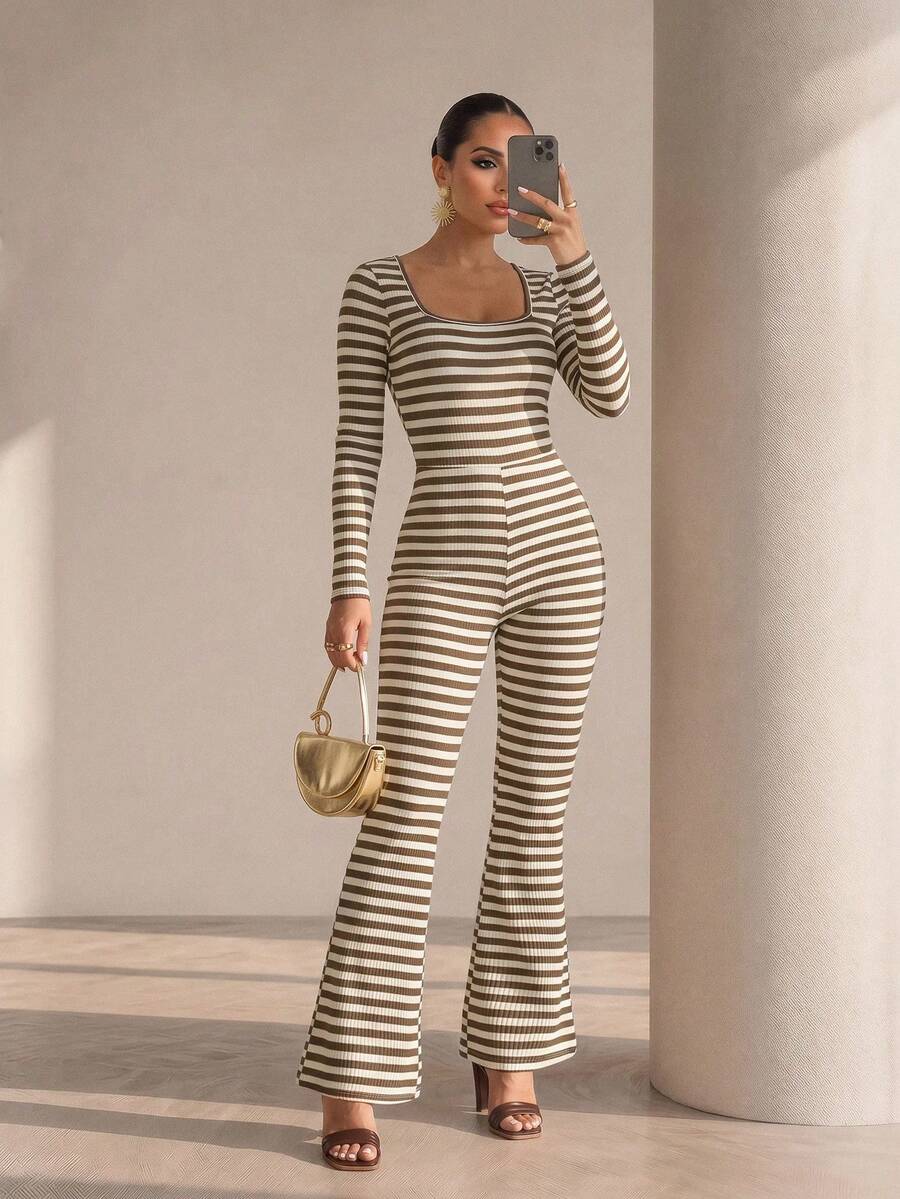 Xyvia Women's Square Neck Long Sleeve Jumpsuit, Slim Fit Design, Spring/Autumn - Multicolor - View 1