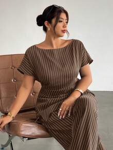 Firerie Plus Size Women's Striped Short Sleeve Top And Long Pants Suit Set - Brown - View 5