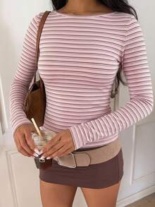 CovetEZ 女款休閒修身長袖條紋T恤，秋冬女裝，街頭風，適合日常通勤、約會、派對、秋冬、夏季、婚禮、海灘、畢業典禮，優雅休閒，適合外出、Y2K、音樂節穿搭、度假服飾、返校穿搭 - 彩色 - 查看 2