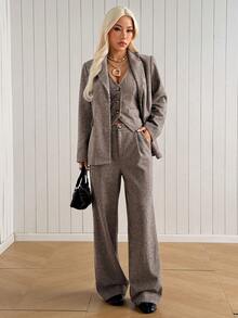 SHEIN EZwear 秋冬商務女款棕色格紋編織西裝外套、單排扣背心與長褲套裝 - 摩卡棕 - 查看 4