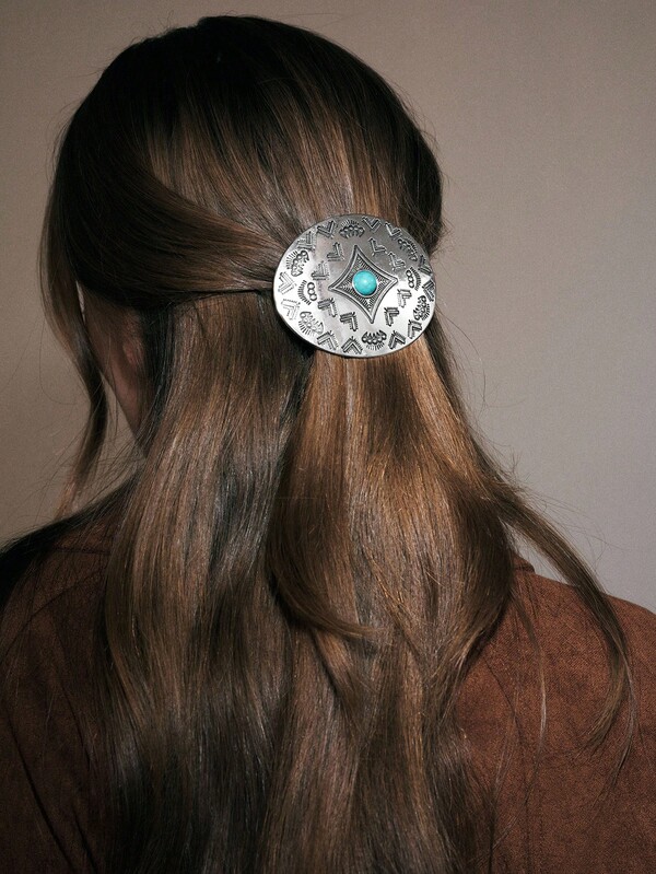 Noxbound 1pc Vintage Metal Western Style Antique Silver Geometric Turquoise Oval Hair Clip