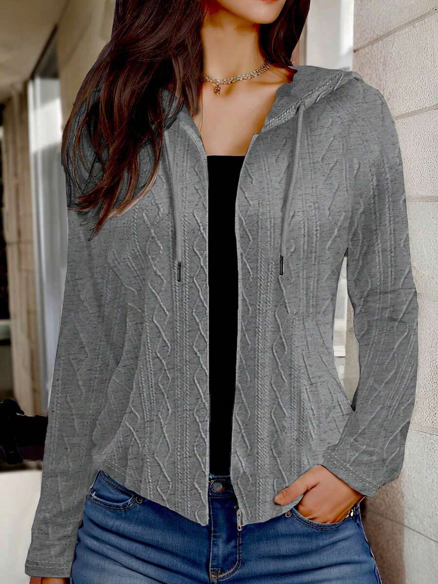 EMERY ROSE Chaqueta casual regular de unicolor para mujer con capucha con cordón y cierre de cremallera con mangas largas - Gris Claro - Ver 1