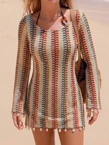Bonvoyette Women's Round Neck Colorblock Casual Vacation Cover-Up Dress - Multicolor - View 1