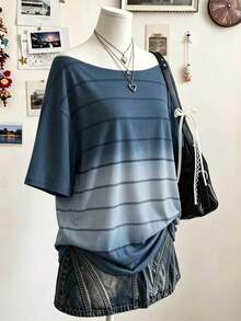 Lalippa 大尺碼女款不對稱領條紋落肩寬鬆版型T恤 - 白色 - 查看 4