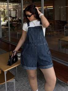 Lounesse Plus Size Women's Striped Casual Daily Denim Romper Fall - Dark Wash - View 6