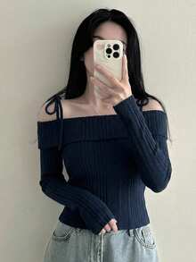 DAZY 女款休閒百搭純色露肩細肩帶T恤可愛上衣 - 藏蓝色 - 查看 3