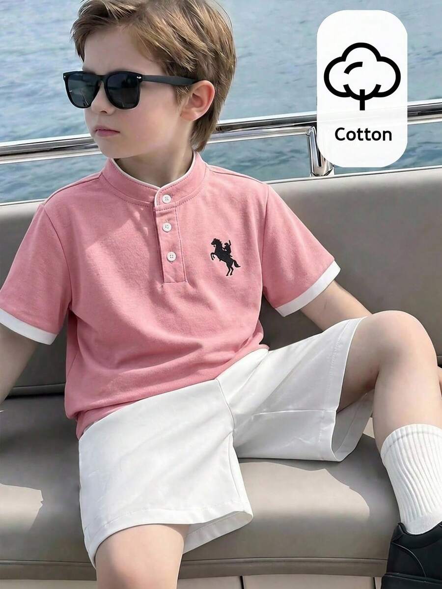 SHEIN Young Boy Knight Print Polo Shirt And Shorts Casual Outfit
