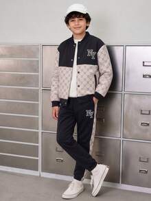 SHEIN Vacaura 2件組青少年男孩印花夾克與休閒運動街頭風長褲套裝，時尚秋/冬季校園穿搭，黑色 - 黑色 - 查看 3