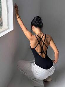 Slayform Slayform Women's Solid Color Back Criss-Cross Design Sleeveless Athletic Romper Shorts - Black - View 1