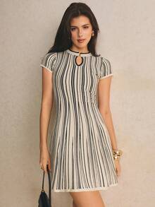 Poéselle WWomen Fall Black Knit Sweater Dress, Keyhole Neck Short Sleeve Mini Dress,Autumn Outfit For Women Brunch French Elegant - Black and White - View 8