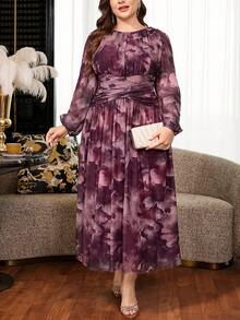 Reflora Plus Size Women's Dress Autumn/Winter Elegant Traditional Long Sleeve Mesh Printed Long Romantic Party Formal Mother Of The Bride Wedding Dark Purple - Multicolor - View 6