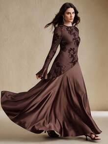 Anewsta Women Floral Textured Splice Round Neck Bell Sleeve Elegant Dress Dinner Date Brown Autumn - Coffee - View 6