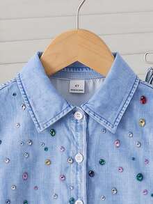 SHEIN Elladie kids 女童藍色印花時尚設計襯衫，翻領長袖寬鬆休閒襯衫，春/秋季休閒襯衫 - 藍色 - 查看 4
