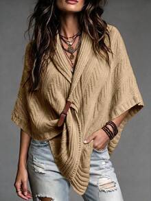 Breezaya Women's Vintage Cable Knit Cape Shawl Cardigan - Khaki - View 1