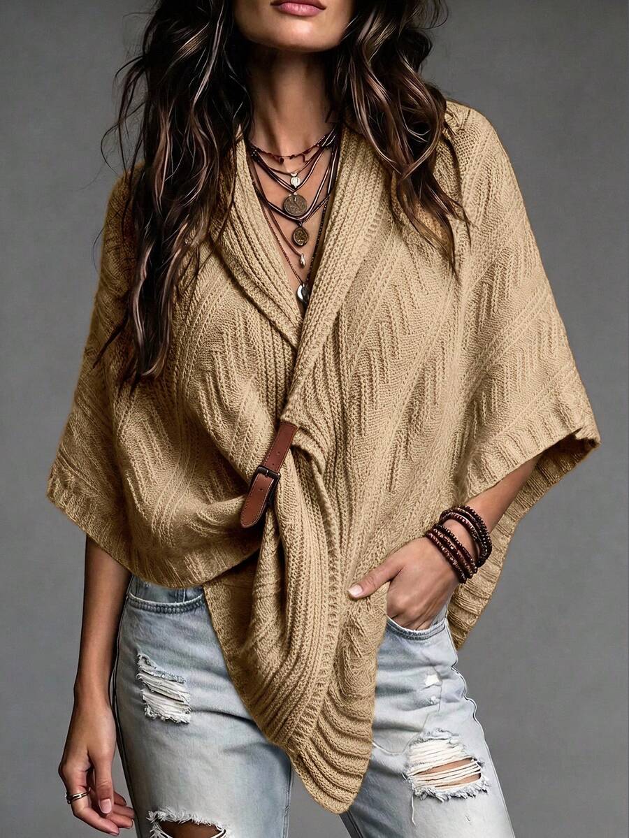 Breezaya Women's Vintage Cable Knit Cape Shawl Cardigan - Khaki - View 1