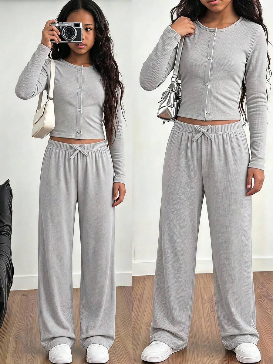 Autumn/Winter Gentle Gray Ribbed Knit 2 Pieces Set For Girls, Slim Fit Short Single-Breasted Round Neck Long Sleeve Top And High-Waist Drawstring Draped Wide Leg Pants, Casual Versatile - Grey - View 1