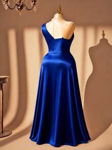 Rometta Women's Plus Size Royal Blue One-Shoulder Ruched Waist Asymmetrical Ruffle Hem Dress With Rhinestone Buckle Decor, Elegant Formal Long Evening Gown - Royal Blue - View 3