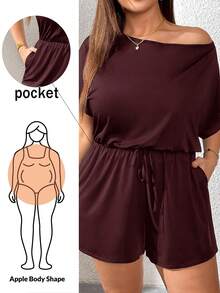 SHEIN Essnce Plus Size Solid Color Asymmetrical Neckline Romper - Rose Red - View 1