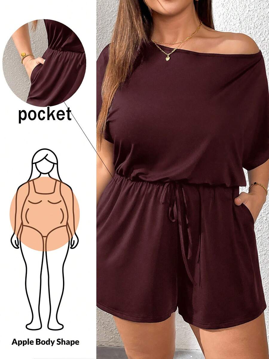 SHEIN Essnce Plus Size Solid Color Asymmetrical Neckline Romper - Rose Red - View 1