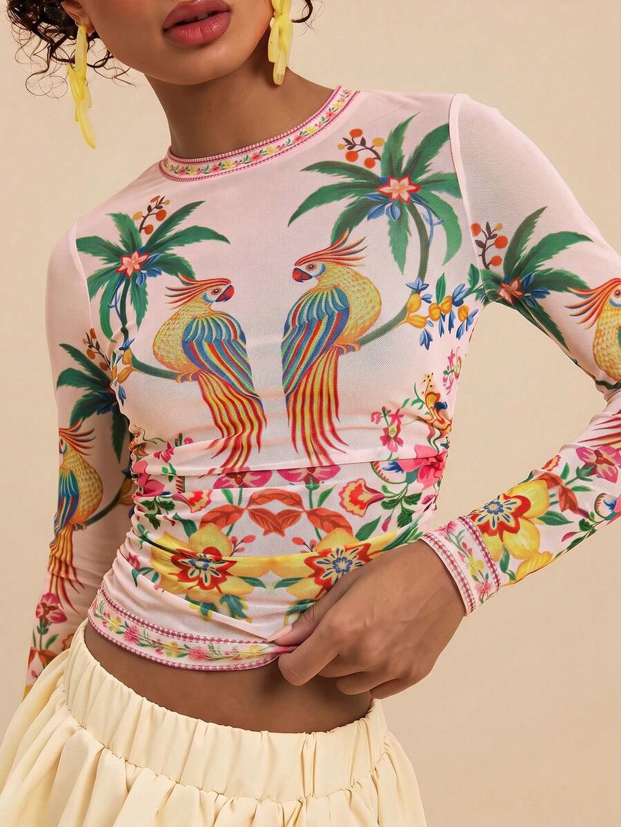 Travachic Women's Coconut Tree & Bird Print Pleated Slim Fit Long Sleeve Top For Daily Wear
