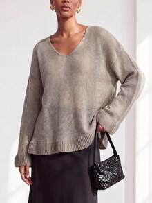 Zivah Autumn Casual Minimalist Solid Color Ruffle Hem Sweater Brunch Light Grey - Grey - View 5