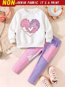 1 Set Conjunto de Primavera/Otoño para Niñas Pequeñas, Sudadera de Cuello Redondo con Estampado de Corazones y Volantes en Patchwork Rosa & Morado + Pantalones Largos de Ajuste Ceñido con Degradado de Bloques de Color, Conjunto de 2 Piezas - Multicolor - Ver 4